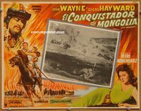 3w324 CONQUEROR Mexican movie lobby card '56 tough John Wayne grabs half-dressed sexy Susan Hayward!