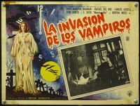 3w524 LA INVASION DE LOS VAMPIROS Mexican LC '63 sexy vampire in see-through robe by Mendoza!