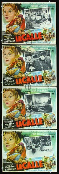 3w180 LA STRADA 4 Mexican movie lobby cards '56 Federico Fellini, Anthony Quinn, cool art!