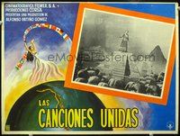 3w535 LAS CANCIONES UNIDAS Mexican lobby card '60 Correra, cool art of girl with ribbon of flags!