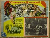 3w557 LOST WORLD Mexican lobby card '60 Michael Rennie battles dinosaurs in the Amazon, wild art!