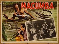 3w563 MACUMBA Mexican lobby card '56 wild jungle beauty, great art of man being attacked by gator!