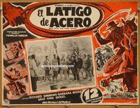 3w570 MAN WITH THE STEEL WHIP Mexican movie lobby card '54 serial, cool art of main character!