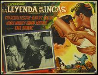 3w705 SECRET OF THE INCAS Mexican LC '54 great border art of Charlton Heston & Nicole Maurey!