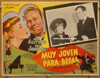 3w799 TOO YOUNG TO KISS Mexican movie lobby card '51 cool art of June Allyson smooching Van Johnson!