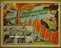 3w801 TORCH Mexican lobby card R50s Pedro Armendariz, great image of Paulette Goddard w/banditos!