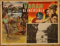 3w822 VARAN THE UNBELIEVABLE Mexican LC '62 art of dinosaur with hands destroying civilization!