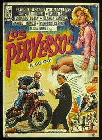 3w173 LOS PERVERSOS Mexican movie window card '67 cool art of sexy girl, rebel on motorcycle!