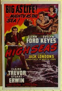 3z024 ADVENTURES OF MARTIN EDEN one-sheet R48 great art of Glenn Ford & Evelyn Keyes, High Seas!