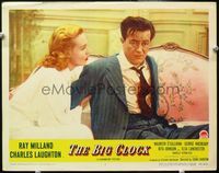 4b131 BIG CLOCK lobby card #6 '48 great close up of puzzled Ray Milland with pretty Rita Johnson!