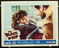 4b148 BLACK WHIP movie lobby card #4 '56 young Angie Dickinson holds man at gunpoint!