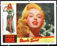 4b153 BLONDE SINNER movie lobby card '56 great close-up of sexy bad girl Diana Dors!