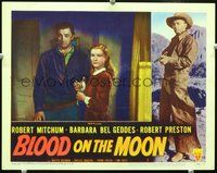 4b155 BLOOD ON THE MOON movie lobby card #2 '49 Robert Mitchum, pretty Barbara Bel Geddes!