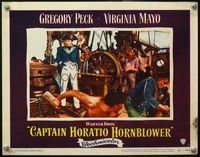 4b213 CAPTAIN HORATIO HORNBLOWER lobby card #3 '51 Gregory Peck in Navy uniform on bridge of ship!