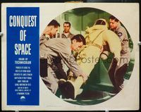 4b258 CONQUEST OF SPACE lobby card #8 '55 cool image of Ross Martin & Benson Fong loading spacesuit!