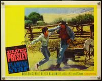 4b368 FLAMING STAR lobby card #3 '60 Elvis Presley about to punch Steve Forrest in outdoor brawl!