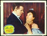 4b377 FOOTSTEPS IN THE FOG movie lobby card '55 Stewart Granger chokes pretty Jean Simmons!