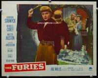 4b405 FURIES movie lobby card '50 Barbara Stanwyck about to throw scissors!