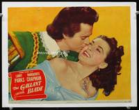 4b407 GALLANT BLADE movie lobby card #3 '48 close-up of Larry Parks kissing Marguerite Chapman!