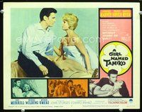 4b418 GIRL NAMED TAMIKO lobby card #2 '62 Laurence Harvey, sexy Martha Hyer wearing only sheets!