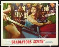 4b420 GLADIATORS SEVEN movie lobby card #5 '63 Loredana Nusciak is terrified, sword & sandal!