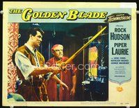 4b431 GOLDEN BLADE movie lobby card #6 '53 cool image of Rock Hudson w/sword!