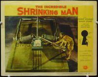 4b529 INCREDIBLE SHRINKING MAN LC #8 '57 great fx image of tiny man using nail to set mouse trap!