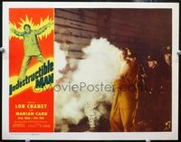 4b530 INDESTRUCTIBLE MAN movie lobby card '56 policemen and fireman enveloped in a cloud of smoke!