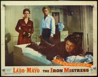 4b540 IRON MISTRESS movie lobby card #4 '52 Alan Ladd & Virginia Mayo look at man tied down to bed!