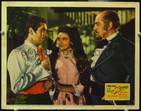 4b627 MARK OF ZORRO lobby card '40 dashing Tyrone Power gives flower to beautiful Linda Darnell!