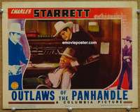 4b660 OUTLAWS OF THE PANHANDLE movie lobby card '41 Charles Starrett has badguy tied up!