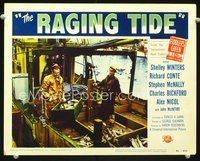 4b693 RAGING TIDE movie lobby card #6 '51 cool image of Richard Conte on fishing boat!