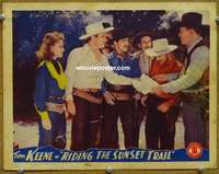 4b722 RIDING THE SUNSET TRAIL movie lobby card '41 lawman Tom Keene serving paper to a bad guy!