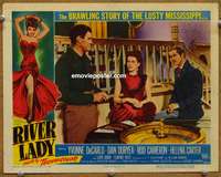 4b730 RIVER LADY lobby card '48 Dan Duryea, great border art of sexy Yvonne De Carlo in red dress!