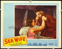 4b768 SEA WIFE movie lobby card #4 '57 close-up image of Joan Collins w/child!