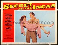 4b774 SECRET OF THE INCAS lobby card #5 '54 manly Charlton Heston holds Nicole Maurey in his arms!