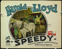 4b815 SPEEDY movie lobby card '28 Harold Lloyd smiling driving horse-drawn trolley in New York City!