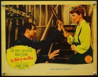 4b846 TALK OF THE TOWN lobby card '42 soaking wet Cary Grant grabs Jean Arthur holding baseball bat!