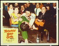 4b852 TEENAGE BAD GIRL movie lobby card #2 '57 great image of bar fight!