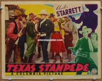 4b869 TEXAS STAMPEDE lobby card '39 great border art of Charles Starrett & Iris Meredith in terror!