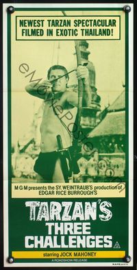 4d918 TARZAN'S THREE CHALLENGES Australian daybill R70s Burroughs, cool image of Jock Mahoney w/bow!