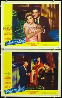 4g708 SLEEP MY LOVE 2 movie lobby cards '47 Claudette Colbert, Robert Cummings, Don Ameche