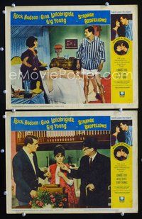 4g753 STRANGE BEDFELLOWS 2 movie lobby cards '65 sexy Gina Lollobrigida, Rock Hudson!