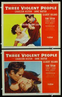 4g815 THREE VIOLENT PEOPLE 2 movie lobby cards '56 Charlton Heston wrestles with Anne Baxter!