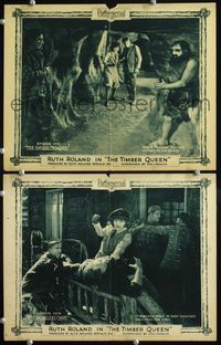 4g822 TIMBER QUEEN 2 chap 8 movie lobby cards '22 Smuggler's Cave, Ruth Roland beating up bad guy!