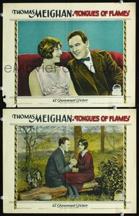 4g830 TONGUES OF FLAME 2 movie lobby cards '24 Thomas Meighan w/pretty lady on couch and in forest!