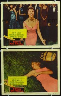 4g835 TOWN ON TRIAL 2 movie lobby cards '57 Nylon stocking killer runs amok!