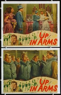 4g859 UP IN ARMS 2 lobby cards '44 funnyman Danny Kaye in the military, border image of sexy girls!