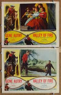 4g864 VALLEY OF FIRE 2 lobby cards '51 Gene Autry & his horse Champion, wagonload of pretty girls!