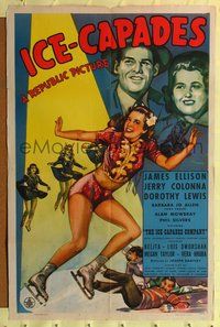 4j374 ICE-CAPADES 1sh '41 great artwork of sexy ice skating Belita over fallen Jerry Colonna!